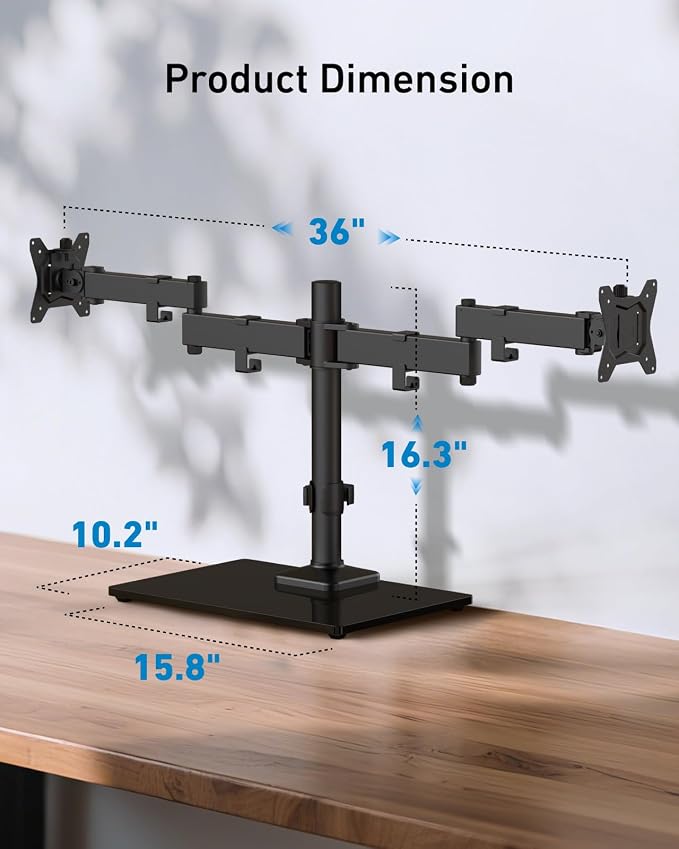 HUANUO Freestanding Dual Monitor Stand, 32 Inch Dual Monitor Mount for 2 Screens, Holds up to 19.8 lbs per Arm, Gaming Monitor Arm Riser with Tempered-Glass Base, Tilt, Swivel, Rotation, Black - Image 4