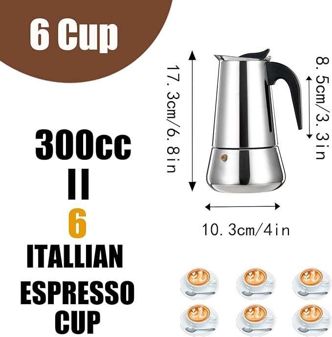 6 Cup Stovetop Espresso Maker Stainless Steel Moka Pot Stove Top Percolator Italian Coffee Makers Capable Mocha Greca Machine Cafe Classic Induction Cookers for Home and Camping 300ml 10oz - Image 3