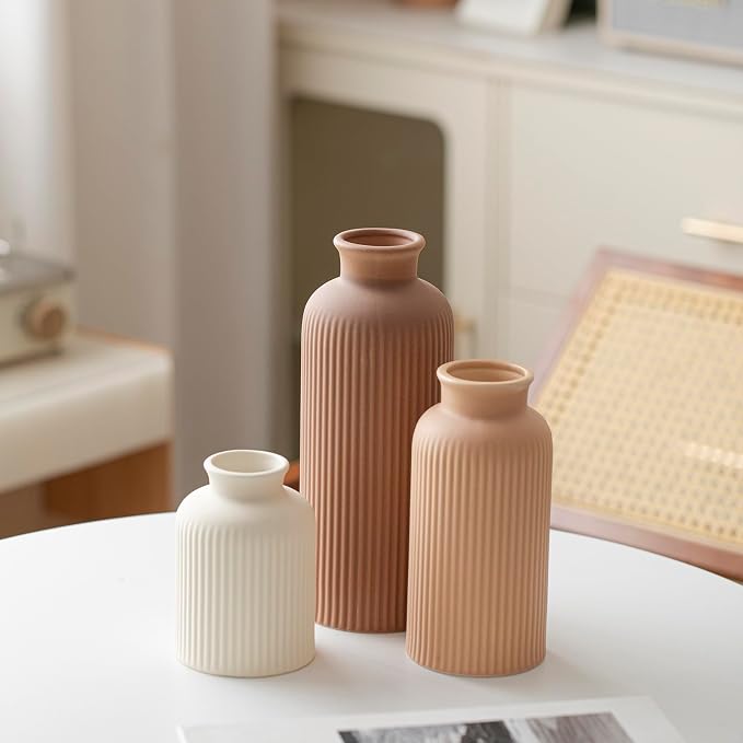 Large Modern Ceramic Vase Set, Coffee Ribbed Matte Design, 3-Piece Decorative Vases for Home, Living Room, Office (XL Coffee Mix) - Image 6