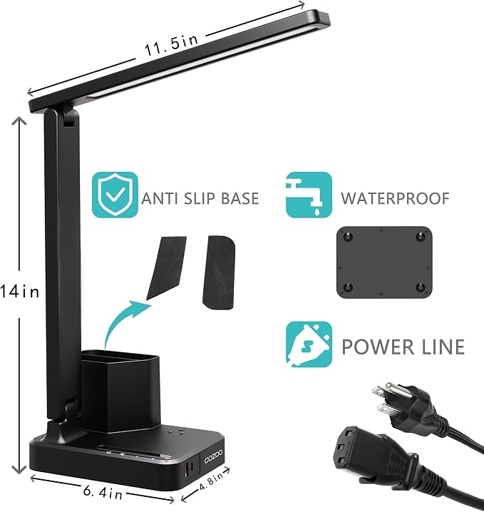 cozoo LED Desk Lamps for Home Office, Modern Dimmable Eye Cariing Desk Light with USB Charging Ports AC Outlet, Pen Holder,Touch/Memory/Timer, Kids Small Table Lamp for Reading, Bedroom, Study, Craft - Image 8