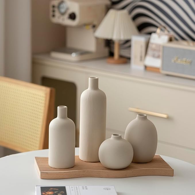 Modern Ceramic Vase Set, Neutral Colors, Decorative Vases for Home Decor, 4 Piece Collection (Beige) - Image 3
