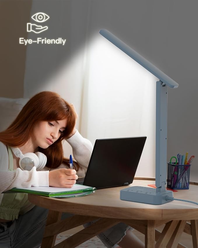 Addtam LED Desk Lamp, Power Strip with 3 Outlets 4 USB Charging Ports(2 USBC), 4 Modes 5 Level Brightness Touch Lamp, Small Desk Lamp for Home Office College Dorm Room Essentials, Blue - Image 6