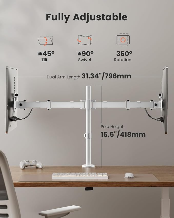 ErGear Fully Adjustable Dual Monitor Mount for 2 Screens up to 32 Inches, Holds up to 17.6 lbs Each Arm, Desk Stand, White - Image 3