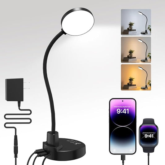 15W LED Desk Lamp with USB Charging Ports – Dimmable Table Lamp with 3 Color Temps, 5 Brightness, 4 Timers, Flexible Gooseneck Light with Base, Eye-Caring Reading Light for Home Office, Bedroom, Study by Unknown