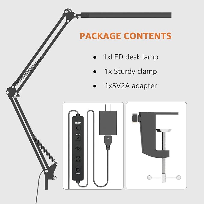 Upgrade Swing Arm LED Desk Lamp with Clamp, 80 LED Beads, 5 Color Modes & 11 Brightness Levels, 360° Adjustable Arm, Eye-Caring Light CRI95, Timer & Memory Function, for Office, Study, Crafting - Image 8