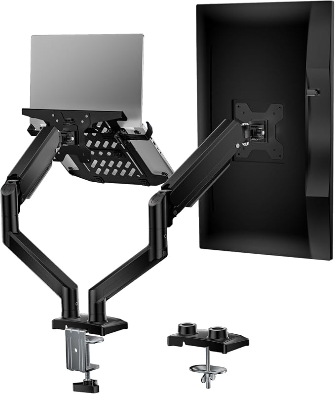 WALI Laptop Desk Mount, Dual Monitor Arm with Laptop Holder, Adjustable Height Laptop Arm Mount for Desk, Fits 17” Notebook and 32” Monitors, Up to 22Lbs (GSMP002LP), Black by WALI