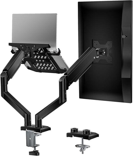 WALI Laptop Desk Mount, Dual Monitor Arm with Laptop Holder, Adjustable Height Laptop Arm Mount for Desk, Fits 17” Notebook and 32” Monitors, Up to 22Lbs (GSMP002LP), Black by WALI
