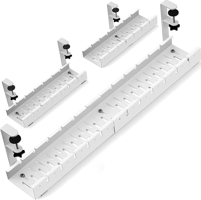 No Drilling Extendable Under Desk Cable Management, Metal Cable Management Tray Under Desk with Clamp, Retractable Power Strip Cord Holder for Wire Management 31Inch (1 Pack White) by BIWIST