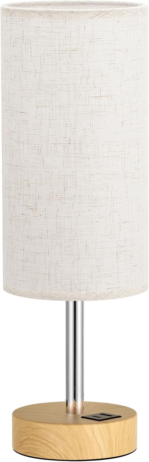 Dicoool Bedside Table Lamp for Bedroom - 3-Way Dimmable Touch Lamp, USB A+C | LED Bulb Included, 14" Small Nightstand Lamp for Desk, Living Room, Guest Room, Cream Fabric Lampshade, Wood-Grain Metal Base - Image 8