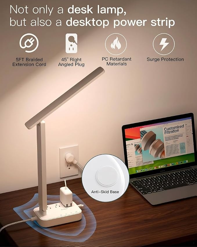 Addtam LED Desk Lamp, Power Strip with 3 Outlets 4 USB Charging Ports(2 USBC), 4 Modes 5 Level Brightness Touch Lamp, Small Desk Lamp for Home Office College Dorm Room Essentials, White - Image 5
