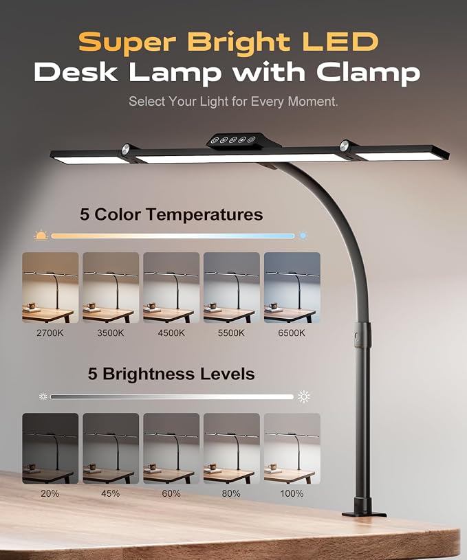 LED Desk Lamps for Home Office, Desk Light with Remote & Touch Control, Stepless Dimming,5CCT,Motion Sensor Auto On/Off, Eye-Caring Desk Lamp with Clamp for Study, Reading,Dual Monitors,Black - Image 2