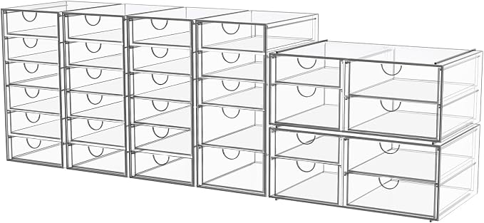 YFXCVSL 6-Pack Acrylic 31-Drawer Storage & Makeup Organizer for Desk | Smooth-glide drawers, clear acrylic, stackable, dustproof, wipe-clean, for makeup palettes, lipsticks, blushes, cotton pads by YFXCVSL