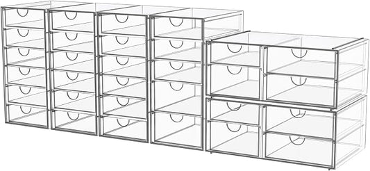 YFXCVSL 6-Pack Acrylic 31-Drawer Storage & Makeup Organizer for Desk | Smooth-glide drawers, clear acrylic, stackable, dustproof, wipe-clean, for makeup palettes, lipsticks, blushes, cotton pads by YFXCVSL
