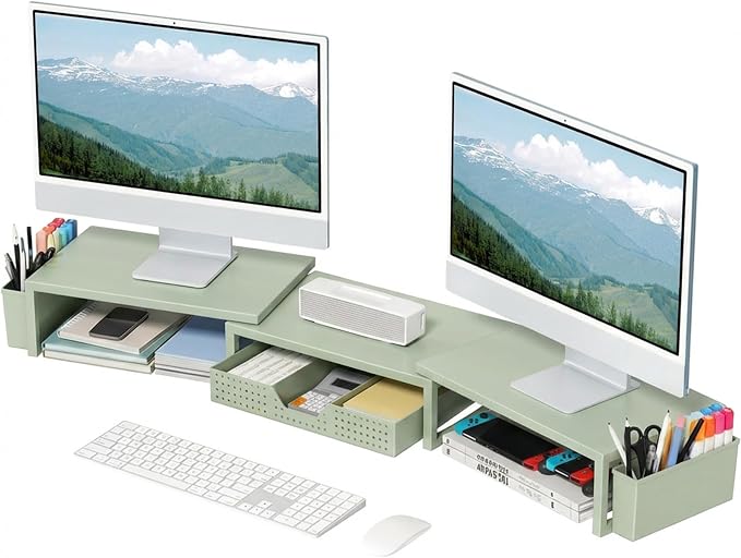 OPNICE Desk Organizers and Accessories, Dual Monitor Stand Riser with Drawer and 2 Pen Holders, Desk Shelf Metal Computer Monitor Stand for Office Workspace Organizers, Desktop Organization (Green Metal) by OPNICE