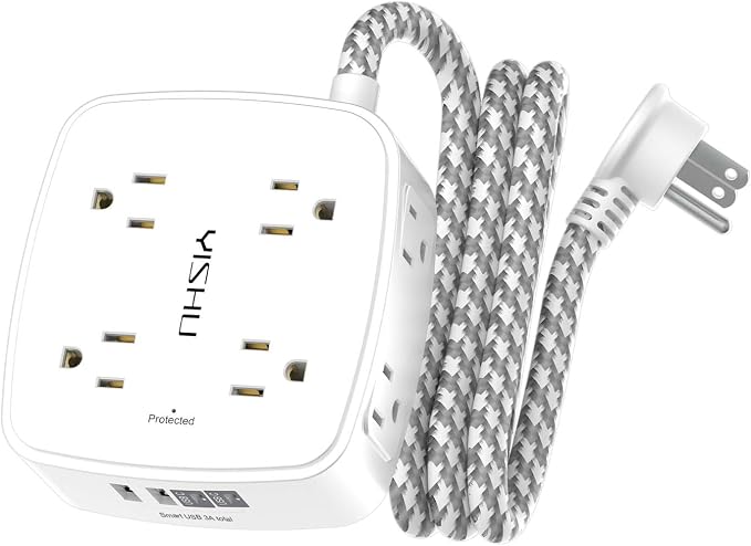 Surge Protector Power Strip - YISHU 8 Outlets with 4 USB (2 USB C) Charging Ports, 5Ft Braided Extension Cord, Flat Plug Multi Plug Outlet Extender Charging Station for Home Office, ETL, White by YISHU