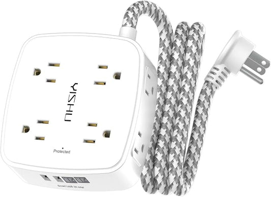 Surge Protector Power Strip - YISHU 8 Outlets with 4 USB (2 USB C) Charging Ports, 5Ft Braided Extension Cord, Flat Plug Multi Plug Outlet Extender Charging Station for Home Office, ETL, White by YISHU