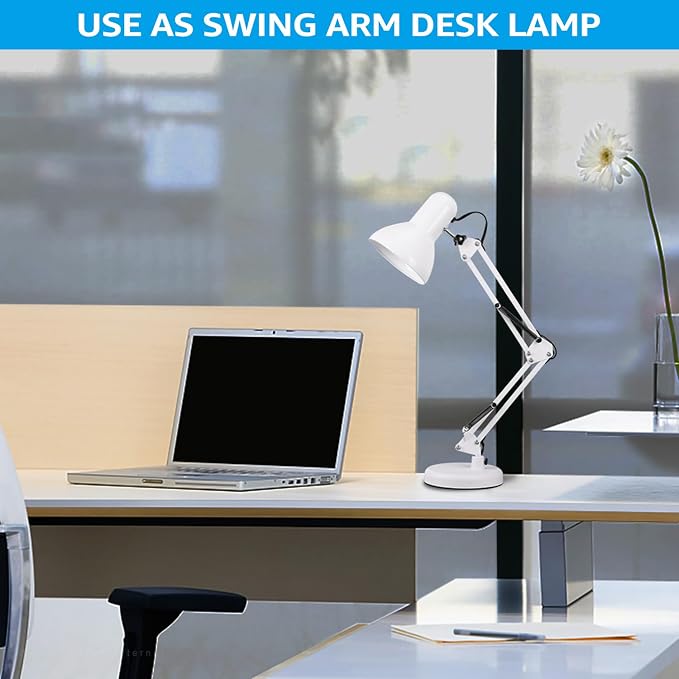 TORCHSTAR Metal Desk Lamp, Adjustable Swing Arm, E26, White | Architect Gooseneck Multi-Joint Clip Table Lamp with Plastic Clamp, for Home Office, Work, Study, Reading, Bulbs not Included - Image 3