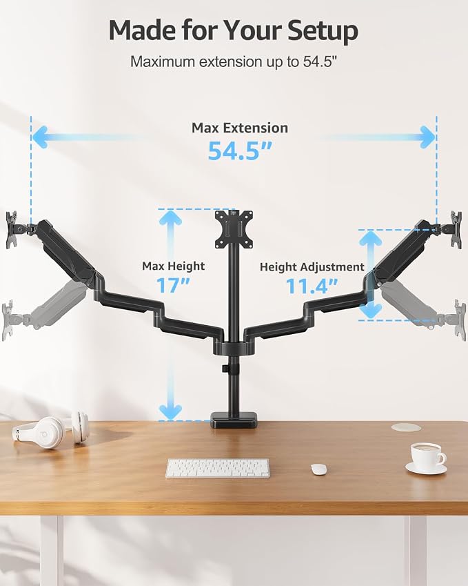 MOUNTUP Triple Monitor Stand Mount - 3 Monitors Desk Mount for Computer Screens Up to 27 inch, Triple Monitor Arm, Heavy Duty Monitors Stand, Each Arm Holds 4.4-19.8 lbs, Black - Image 3