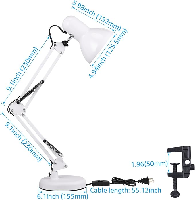 TORCHSTAR Metal Desk Lamp, Adjustable Swing Arm, E26, White | Architect Gooseneck Multi-Joint Clip Table Lamp with Plastic Clamp, for Home Office, Work, Study, Reading, Bulbs not Included - Image 6