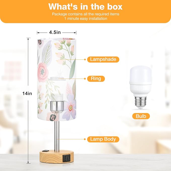 Fenmzee Floral Touch Lamp for Bedroom- 3 Way Dimmable Bedside Lamp USB C A Charging Ports and AC Outlet, Small Table Lamp Floral Linen Lampshade for Gift, LED Bulb Included - Image 5