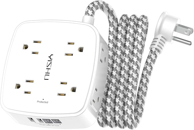 Surge Protector Power Strip - YISHU 8 Outlets with 4 USB (2 USB C) Charging Ports, 6Ft Braided Extension Cord, Flat Plug Multi Plug Outlet Extender Charging Station for Home Office, ETL, White by YISHU