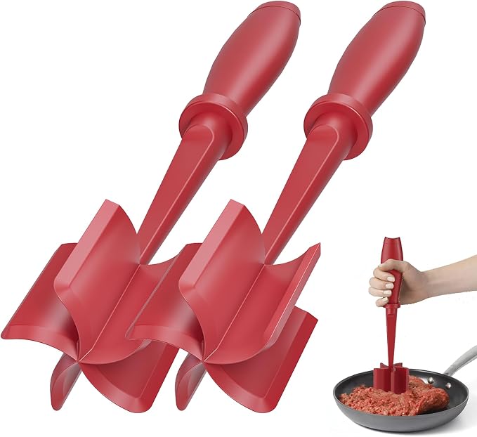 2 Pcs Meat Chopper, Upgrade Hamburger Grinder, Premium Heat Resistant Meat Masher for Ground Beef, Ground Turkey and More, Non Stick Mix Chopper, Hamburger Smasher Safe-Red | Heat Resistant, Food-Grade Nylon, for Ground Turkey/Chicken and More, Non Sti... by PGYARD