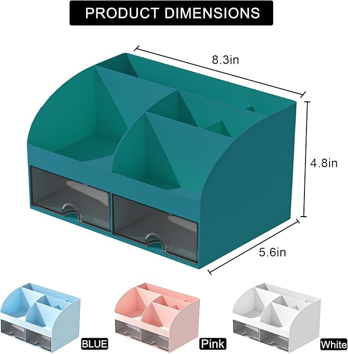 COMFYROOM Desk Organizer with 6 Compartments and 2 Drawers, Plastic Makeup Organizer, Pen Holder for Desktop Storage, Desk Organization for School, Home, Office Supplies (Dark Green) - Image 4