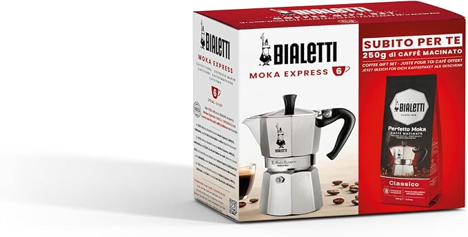 Bialetti 6 Cup Moka Pot and Coffee Ground Bundle 8.8oz Bag with Medium Roast Italian Ground Blend - Stovetop Espresso Maker Morning Brew Barista Style Café Home Brewing Daily Use Kitchen Appliance Set by Bialetti