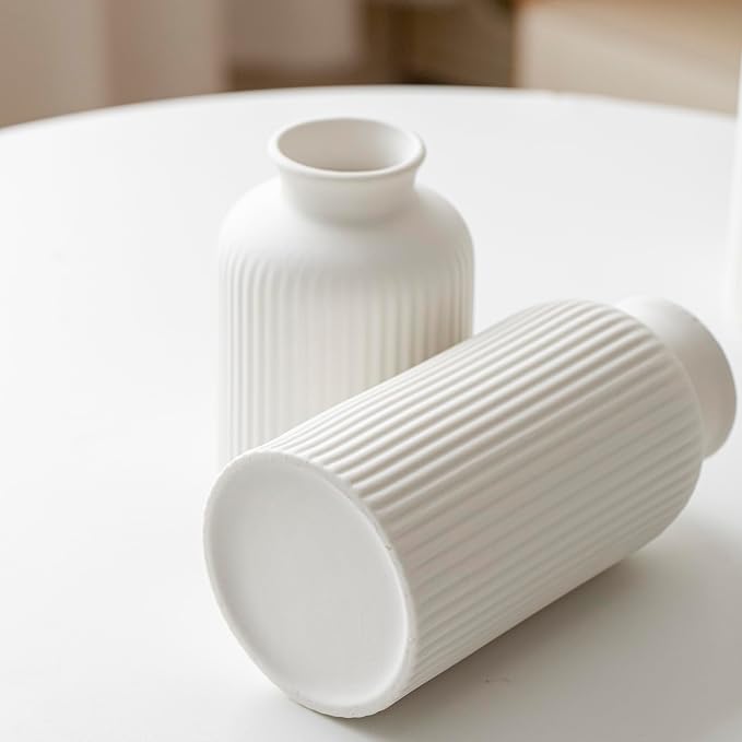 Large Modern Ceramic Vase Set, White Ribbed Matte Design, 3-Piece Decorative Vases for Home, Living Room, Office (XL White) - Image 9