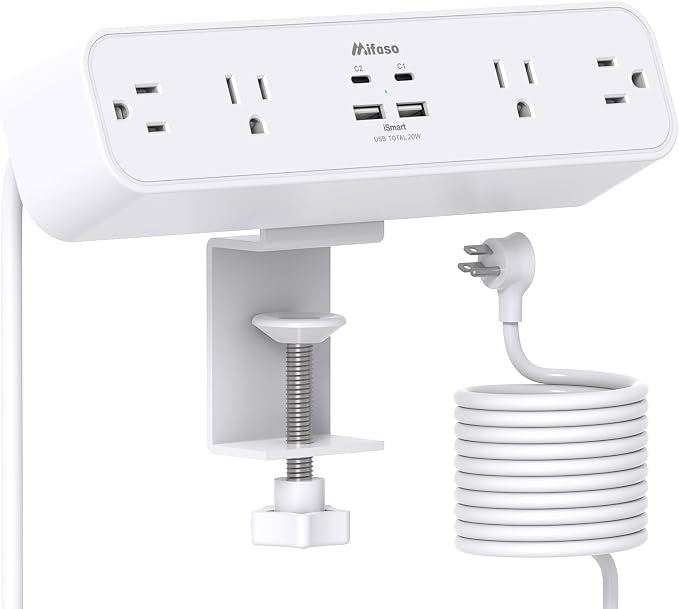 Mifaso PD20W USB C Desk Clamp Power Strip, 1080J Surge Protector | 4 Outlets, 4 USB (2 USBC), 5FT Extension Cord, Desk Organizer Gaming Accessories Office Essentials, Fits 1.96" Edge, White by Mifaso
