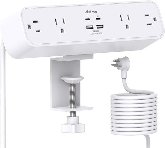 Mifaso PD20W USB C Desk Clamp Power Strip, 1080J Surge Protector | 4 Outlets, 4 USB (2 USBC), 5FT Extension Cord, Desk Organizer Gaming Accessories Office Essentials, Fits 1.96" Edge, White by Mifaso