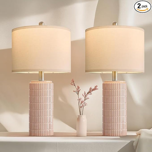 PoKat 23" Pink Ceramic Table Lamps Set of 2, Modern Bedroom Lamps for Girls Room, Bedside Lamps for Night Stands, Cute Lamps for Living Room Decor, Nightstands Desk Lamp, Pink by Pokat