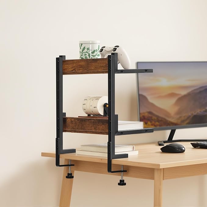 HOOBRO Clamp On Desk Shelf, 2-Tier Desktop Organizer, Space-Saving Desk Shelf with Adjustable Shelves, for Office, Study, Entertainment Accessories, Rustic Brown and Black BF32SJ01 - Image 4