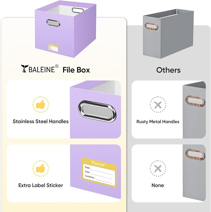 BALEINE File Organizer Box, Cardboard File Folder Organizer with Handle for Letter Size, Portable Collapsible Hanging Filing Box for Home Office Document Storage (8 Pack, Large Lavender) - Image 5