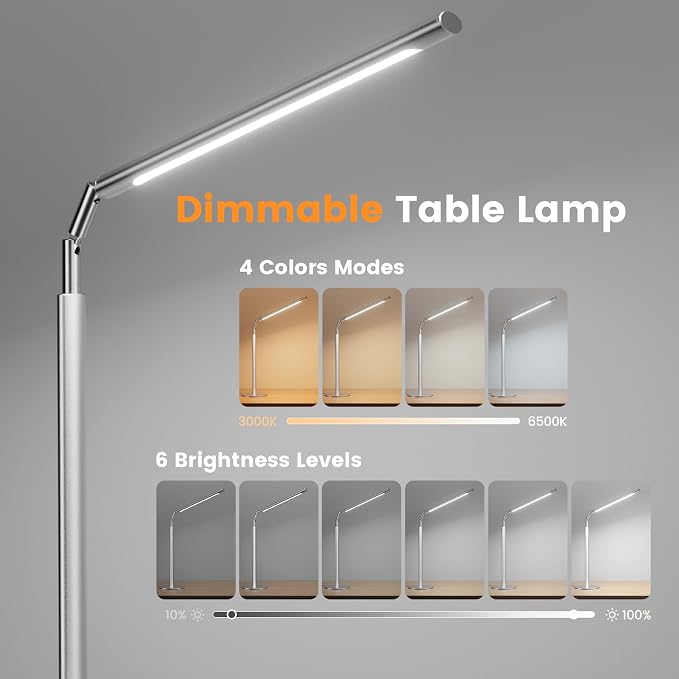SIBRILLE Silver LED Desk Lamp, 16" Dimmable Metal Desk Light with Base, 15W 1200LM, Adapter Included, Color & Brightness Adjustable, Modern Tall Table Lamp for Home Office Reading Study Task Laptop - Image 3