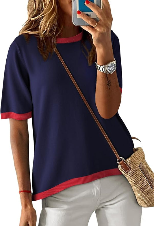 Dokotoo Womens Tops 2026 Casual Summer Crewneck Short Sleeve Striped Color Block Knit High Low Trendy Pullover Sweaters by Dokotoo