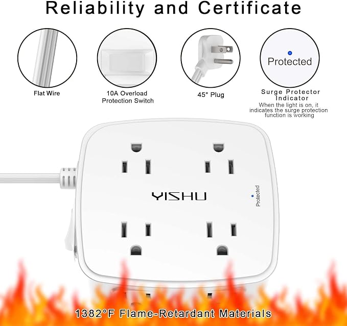 10 Ft Surge Protector Power Strip - YISHU 8 Widely Outlets with 4 USB Ports, 3 Side Outlet Extender with 10 Feet Flat Extension Cord, Ultra Flat Plug, Wall Mount, Desk USB Charging Station, ETL, White - Image 6