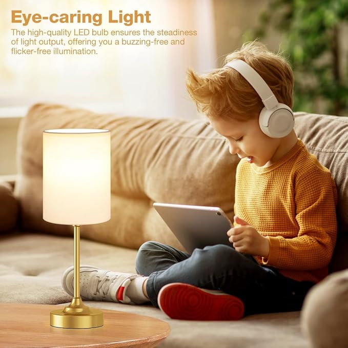 Fenmzee Gold Nightstand Bedroom Lamp - 3 Way Dimmable Bedside Lamp, Small Table Lamp Linen Lampshade for Office Desk, LED Bulb Included - Image 5