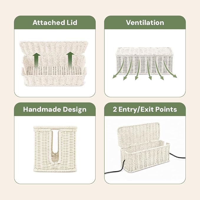 Cable Management Box, Handmade Rattan Cable Organizer with 2 Open Slots, Cord Hider for Power Strip, Router & USB Hub, Registered U.S. Design Patent (D1,112,102), 13" x 5.1" x 5.1", White - Image 6