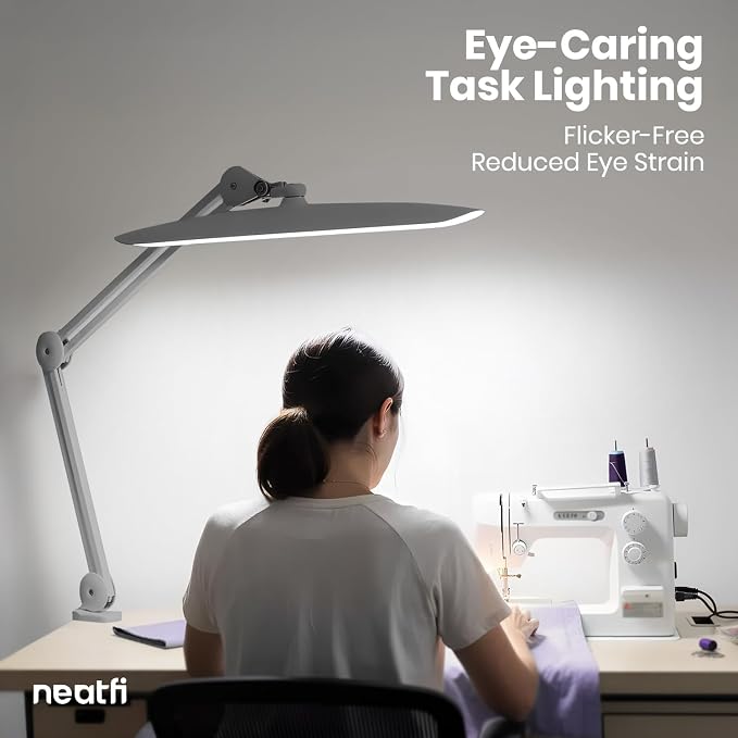 Neatfi XL 2200 Lumens 24W LED Desk Lamp – Shadow-Free Task Lighting | 4-Level Dimming | Home Office & Crafts Use | 20-Inch Wide Head (Silver, Non-CCT with Clamp) - Image 3