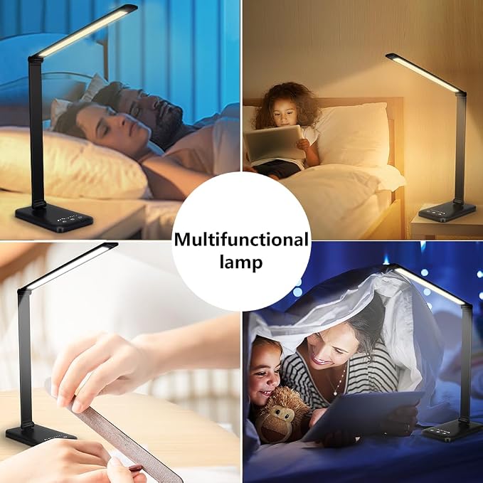 White crown LED Desk Lamp Dimmable Table Lamp Reading Lamp with USB Charging Port, 5 Lighting Modes, Sensitive Control, 30/60 Minutes Timer (Black, First-Generation) - Image 7