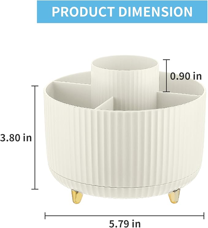 Marbrasse Desk Organizer, 360-Degree Rotating Pen Holder, 5-Compartment Pencil Organizer, Art Supply Storage Box Caddy for Office and Home (Ivory) - Image 5