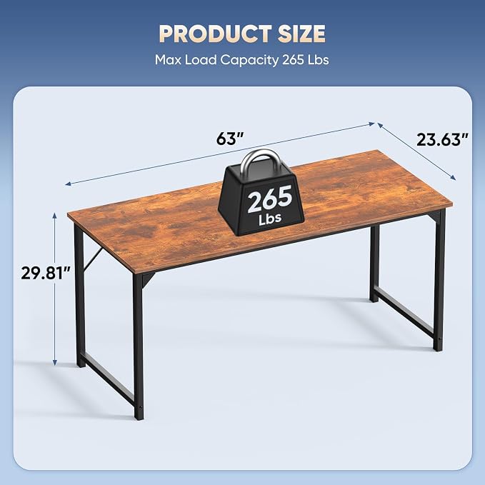DUMOS 63 Inch Small Computer Desk, Gaming Desks for Home Office Bedroom | Modern Study Writing Work Table, Craft PC Desk Simple Workstation with Reinforcement Structure, Rustic Brown - Image 3
