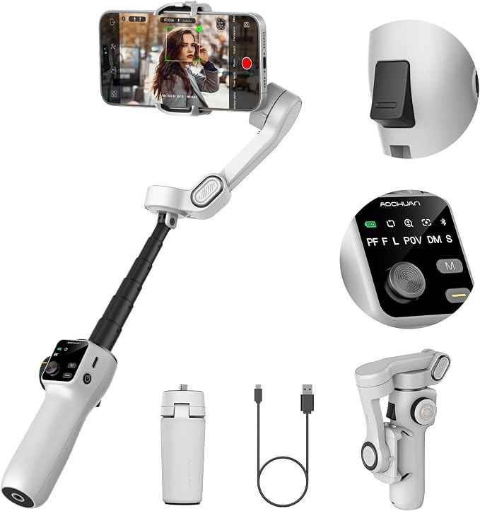 AOCHUAN Cellphone Gimbal for Video Recording w/AI Tracking,3 -axis Vlogging Gimbal stabilizer for iPhone w/OLED Display, Smartphone Holder w/7.8' Extension Rod, Trigger Button Smart V8(White) by AOCHUAN