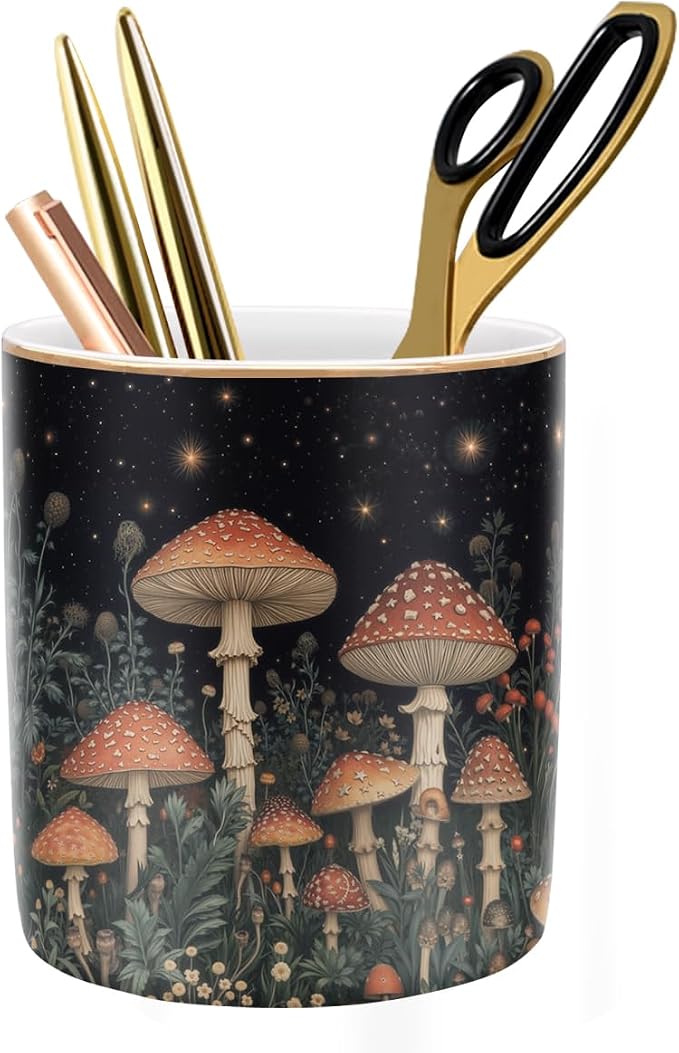 Cute Pen Pencil Holder for Desk, Durable Ceramic Organizer Decor for Room, Office, Classroom, Mushroom Pattern by WAVEYU