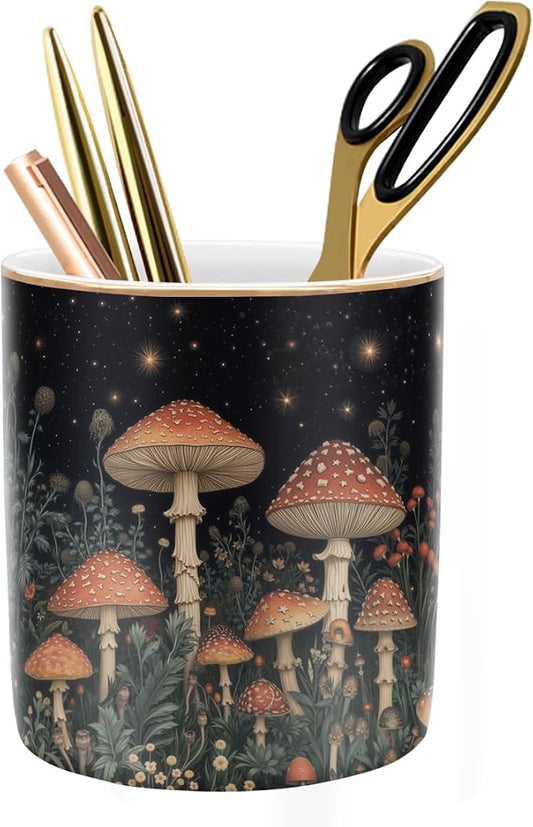 Cute Pen Pencil Holder for Desk, Durable Ceramic Organizer Decor for Room, Office, Classroom, Mushroom Pattern by WAVEYU