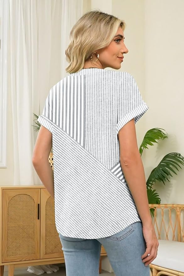 Womens Henley Summer Tops V Neck Button Dressy Casual T Shirts Blouses | Breathable, V-Neck Button, Striped, Loose Fit, Business Casual, Office, Vacation, Spring Summer Tops, Basic Shirts - Image 3