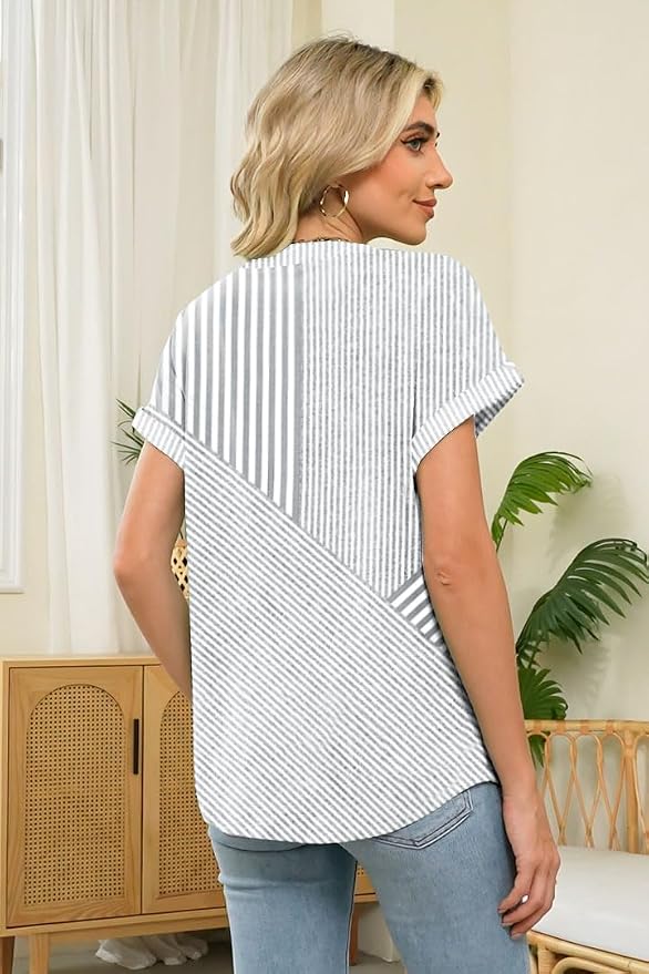 Womens Henley Summer Tops V Neck Button Dressy Casual T Shirts Blouses | Breathable, V-Neck Button, Striped, Loose Fit, Business Casual, Office, Vacation, Spring Summer Tops, Basic Shirts - Image 3