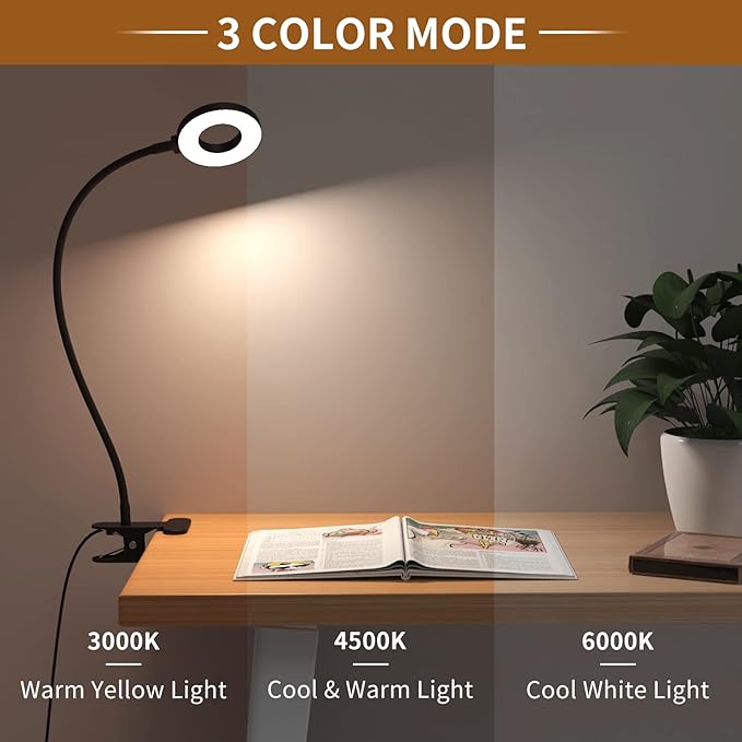 iZELL Desk Lamp, LED Reading Light with Clamp, 3 Color Modes & 10 Brightness Flexible Arm Book Light for Kids Reading Book in Bed at Night Clip on Table, Computer, Zoom Meetings - 27.6‘’ Black - Image 2