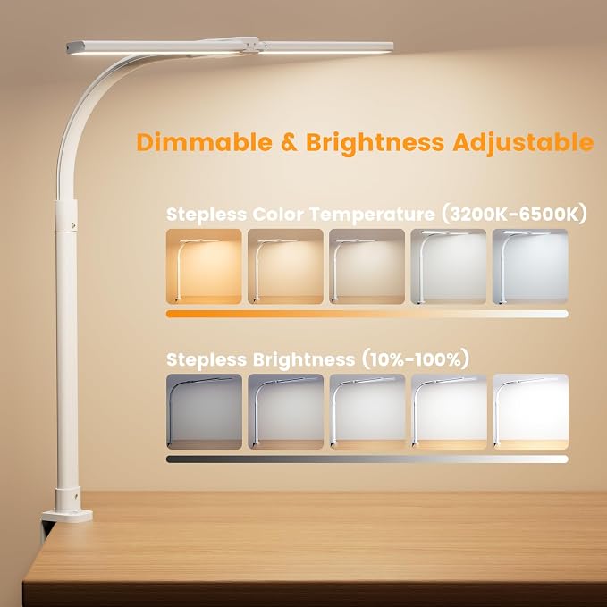 LED Desk Lamp - Bright Dimmable Computer Lamp, 24W Bendable Desk Light for Monitor Screen, Eye-Caring Tall Desktop Light for Task Home Office Work, White, Dual Head - Image 3